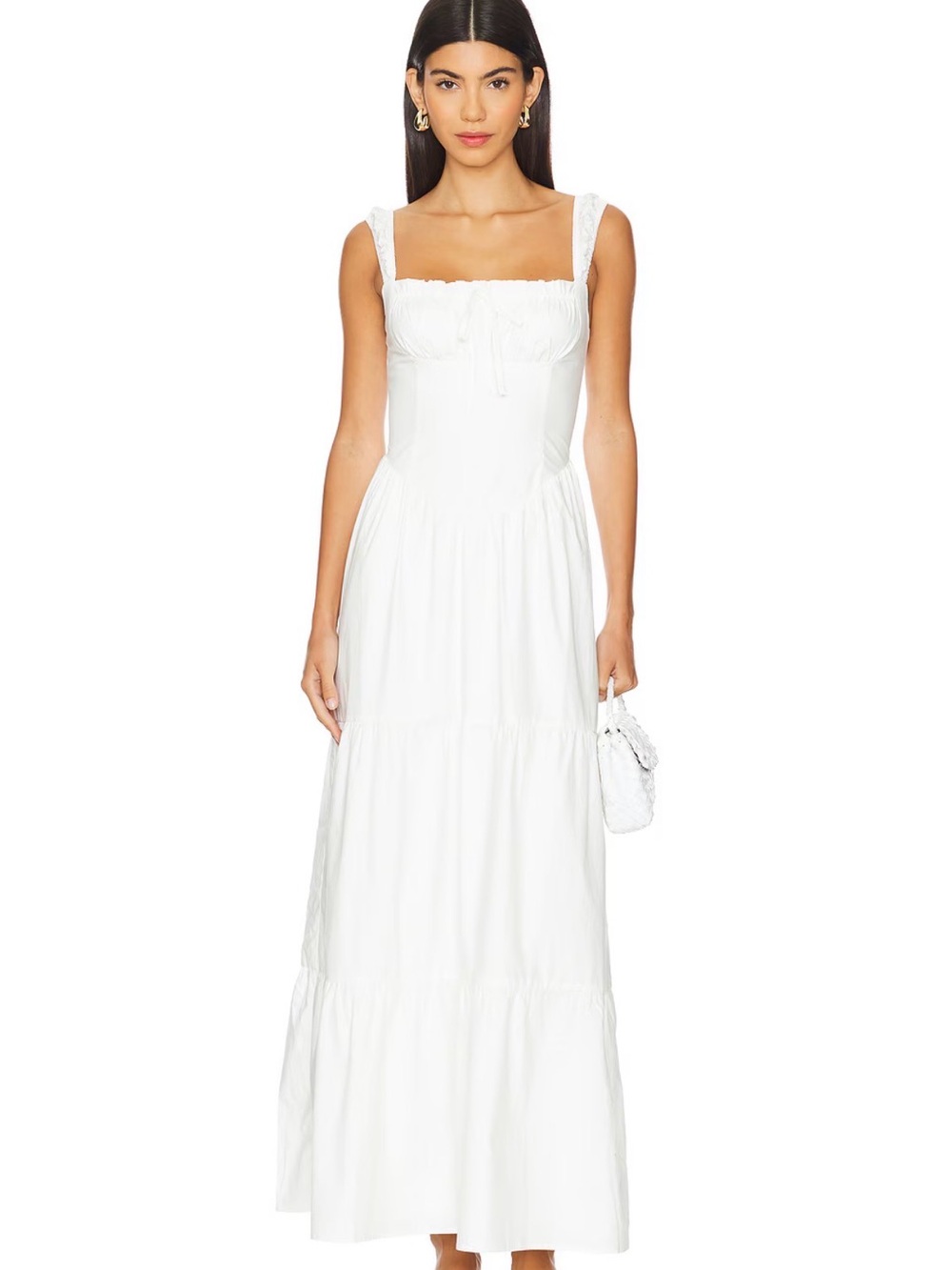 Square-Neck White Maxi Dress with Tiered Skirt